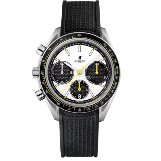 Racing Chronograph 42 – Weiß Zifferblatt mit schwarzen Hilfszifferblättern | Stahlgehäuse & Schwarz Kautschukarmband & Schwarz-Gelb Tachymeter-Lünette